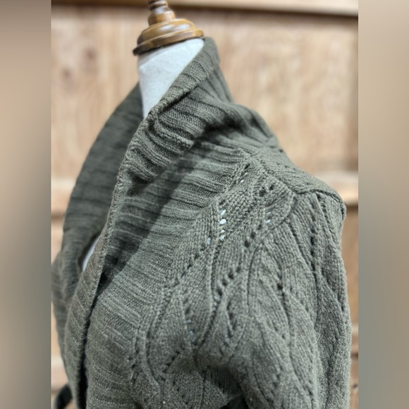 Halogen Cashmere Wool Crocheted Knit Wrap Cardigan – Olive Green Shawl Collar L - Picture 10 of 16